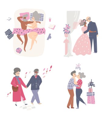 Yaşlı insanlar ilişkisi. Düğün günü, yürüyüş, ökseotu altında öpücük, yatak sahnesi.