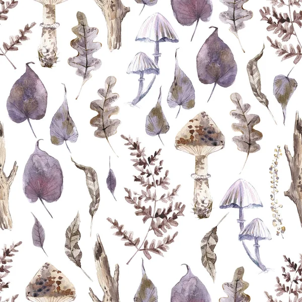 Watercolor seamless pattern with mystical mushrooms and forest leaves. — Stock Photo, Image