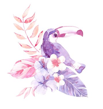 Toucan, çiçek ve yaprakları ile suluboya tropikal kompozisyon.