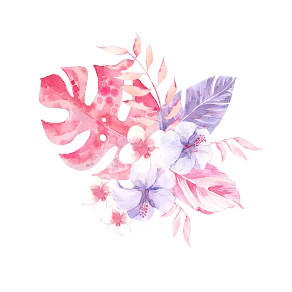Aquarel tropische samenstelling met bloemen en bladeren. Lila en roze kleuren — Stockfoto