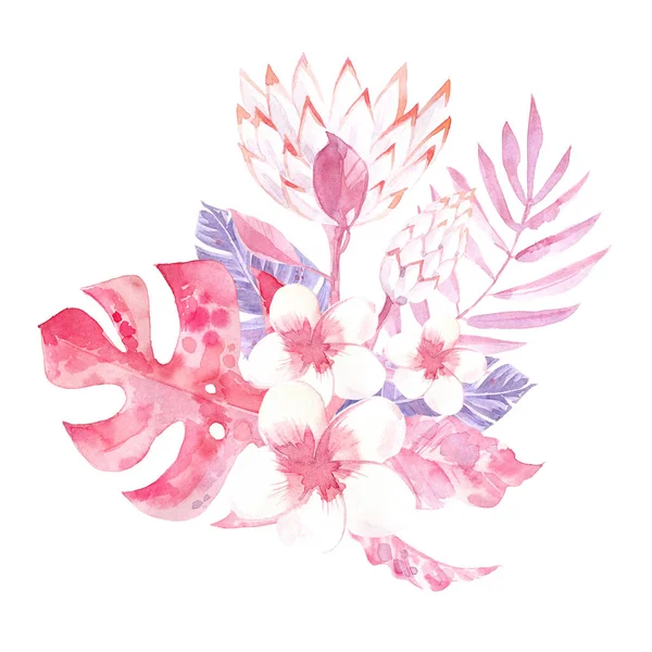 Akwarela tropikalna kompozycja z kwiatami i liśćmi. Lilac i różowe kolory — Zdjęcie stockowe