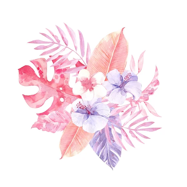 Aquarel tropische samenstelling met bloemen en bladeren. Lila en roze kleuren — Stockfoto