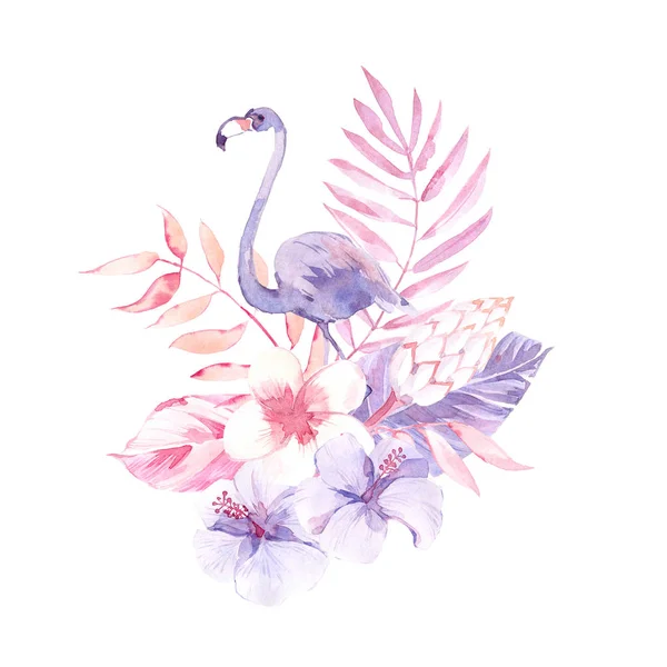 Aquarel tropische samenstelling met Flamingo, bloemen en bladeren. Lila en roze kleuren. — Stockfoto