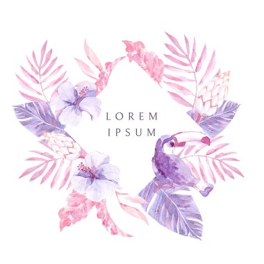 Çiçek ve yaprakları ile Suluboya tropikal elmas çerçeve