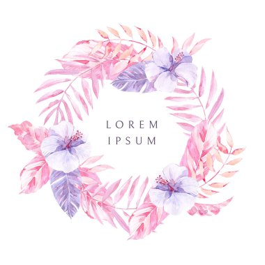 Suluboya çelenk, çiçek ve yaprakları ile tropikal yuvarlak çerçeve.