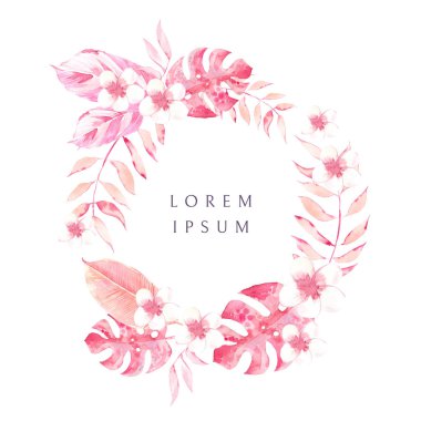 Suluboya çelenk, çiçek ve yaprakları ile tropikal yuvarlak çerçeve.