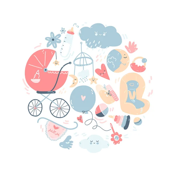Pasgeboren baby thema cute doodle ronde illustartion. Baby verzorging, — Stockvector