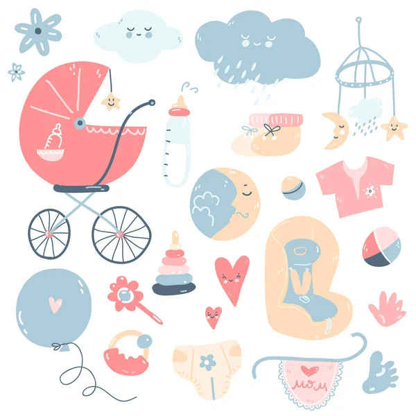 Set di scarabocchi carino a tema neonato. Cura del bambino, alimentazione, stoffa — Vettoriale Stock