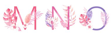 Suluboya El Çizilmiş tropik harfler monograms veya logo. Büyük Harf M, N, O orman bitkisel süslemeleri ile. Palmiye ve monstera yaprakları, çiçekler ve dalları.