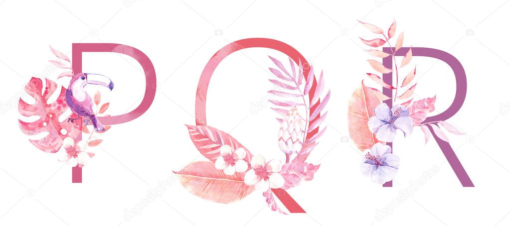 Watercolor Hand Drawn tropic letters monograms or logo. Uppercase P, Q, R with jungle herbal decorations. Palm and monstera leaves, flowers and toucan. Hand painted