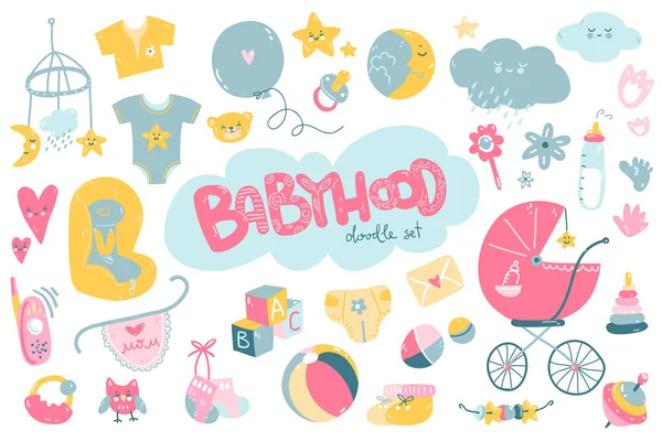 Pasgeboren baby thema cute doodle set. Baby verzorging, voeding, doek — Stockvector