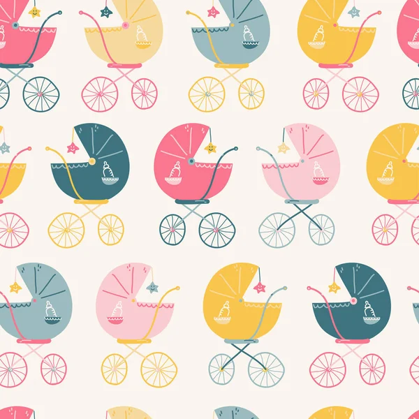 Bezszwowy wzór z różnymi kolorami Wózki dziecięce, Vintage simpl — Wektor stockowy