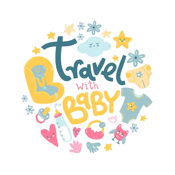 Bebekle seyahat edin. Bir gezide sizinle birlikte ne lere götürmeniz gerekenler. — Stok Vektör