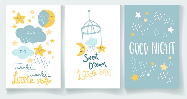 Set van nighty nacht baby kaarten. Goede nacht, Twinkle Star, Sweet — Stockvector