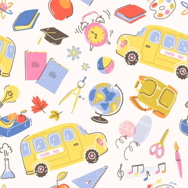 Okul sembolleri ile dikişsiz desen. Okul otobüsü, çalar saat, b