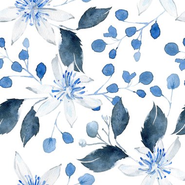 Siyah ve mavi bitkiler ile suluboya dikişsiz desen