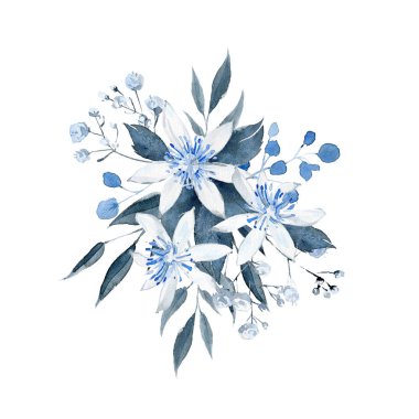 Suluboya el çizilmiş düzenlemeler. Mavi ve siyah buket.