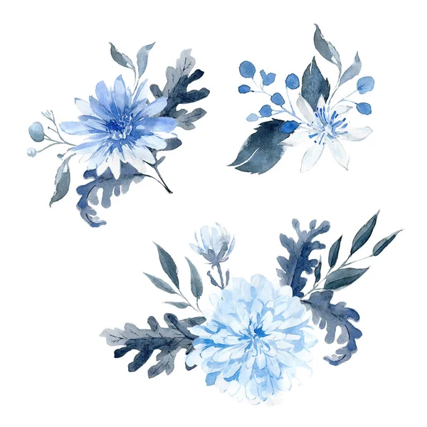 Aquarel hand getrokken arrangementen. Blauw en zwart boeket. — Stockfoto