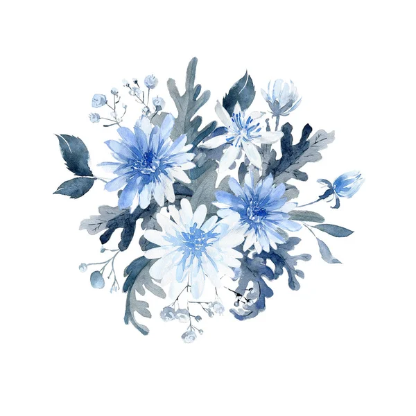 Watercolor hand drawn arrangements. Blue and black bouquet. — Stock Photo, Image