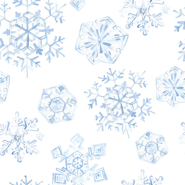 Aquarel naadloze patroon met blauwe sneeuwvlokken vallen. — Stockfoto