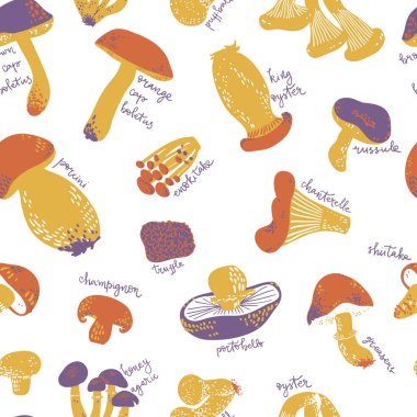 İsimleri sorunsuz desenli Yenilebilir Mantarlar. Linocut eski stil. Elle çizilmiş vektör illüstrasyonu.