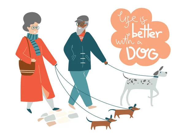 Äldre par gå hundar tillsammans. livet är bättre med en hund — Stock vektor