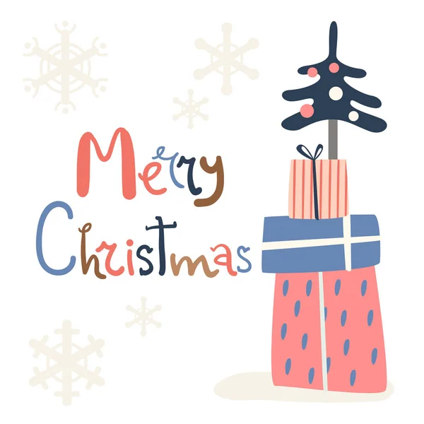 Feliz cartão de Natal. Caixas de presente e árvore de Natal. Escandinávia —  Vetores de Stock