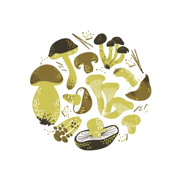 Jedlé houby v kulaté ilustraci. Linocut starý styl. Ručně kreslené vektorové ilustrace. — Stockový vektor