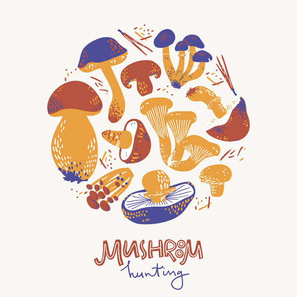 Mushroom hunring round illustration. Linocut old style. Hand drawn vector illustration