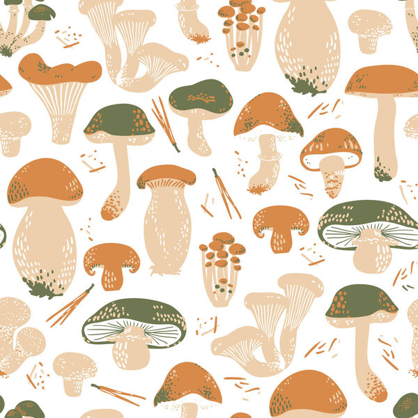 Edible Mushrooms seamless pattern. Linocut old style. Hand drawn vector illustration.