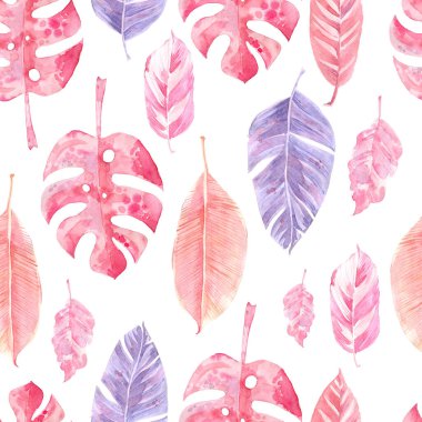 Palmiye yaprakları, canavar yaprakları ve egzotik yapraklarla suluboya desenleri. Pembe ve mor renkler