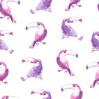 Tropik kuş tukanlarıyla suluboya kusursuz desen. Pembe ve mor renkler, basit kompozisyon.
