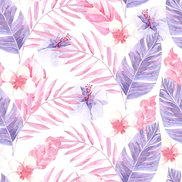 Watercolor Seamless Pattern Palm Leaves Exotic Leaves Flowers Pink Purple — Stock Photo, Image