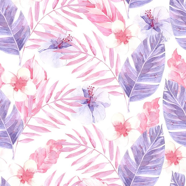 Watercolor seamless pattern with palm leaves and exotic leaves and flowers. Pink and purple colors