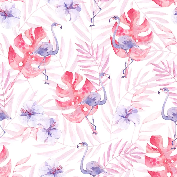 Watercolor Seamless Pattern Tropic Birds Flamingos Jungle Plants Flowers Pink — Stock Photo, Image