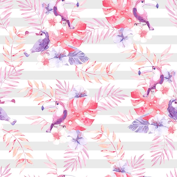 Watercolor Seamless Pattern Tropic Birds Toucans Jungle Plants Striped Background — Stock Photo, Image