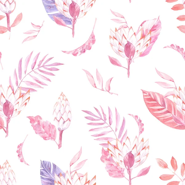 Watercolor Seamless Pattern Palm Leaves Exotic Leaves Flowers Pink Purple — Stock Photo, Image