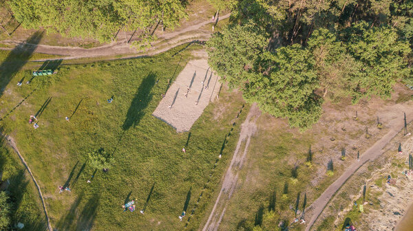 Aerial view of the people at a picnic in a summer park