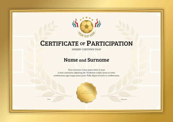 Certificaatsjabloon Voetbal Sport Thema Met Gouden Grenskader Diploma Ontwerp — Stockvector