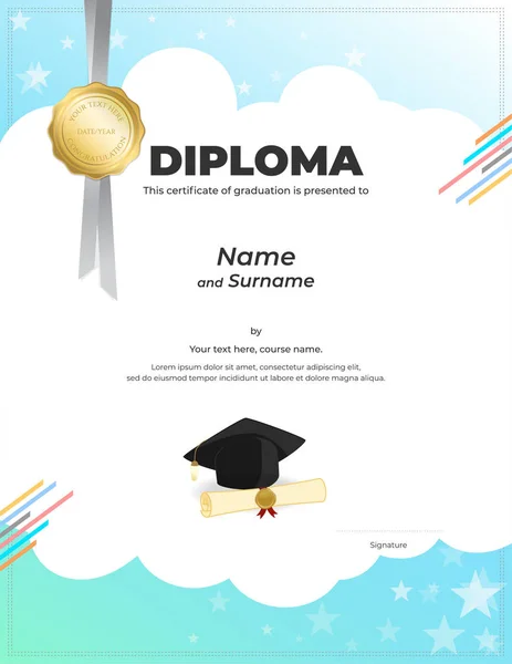 Kids Diploma Certificaat Sjabloon Met Kleurrijke Achtergrond — Stockvector