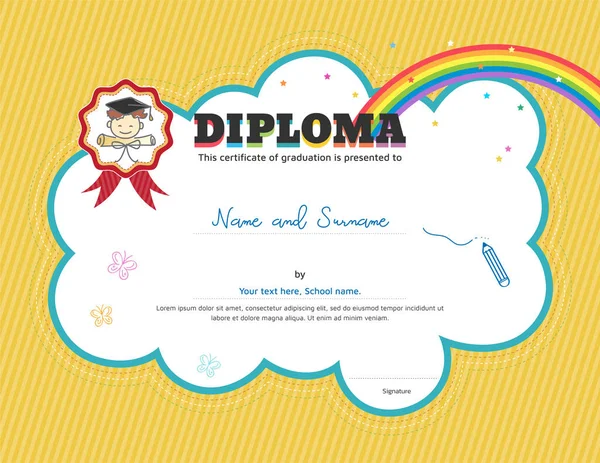 Kids Diploma Certificaat Sjabloon Met Gele Achtergrond — Stockvector