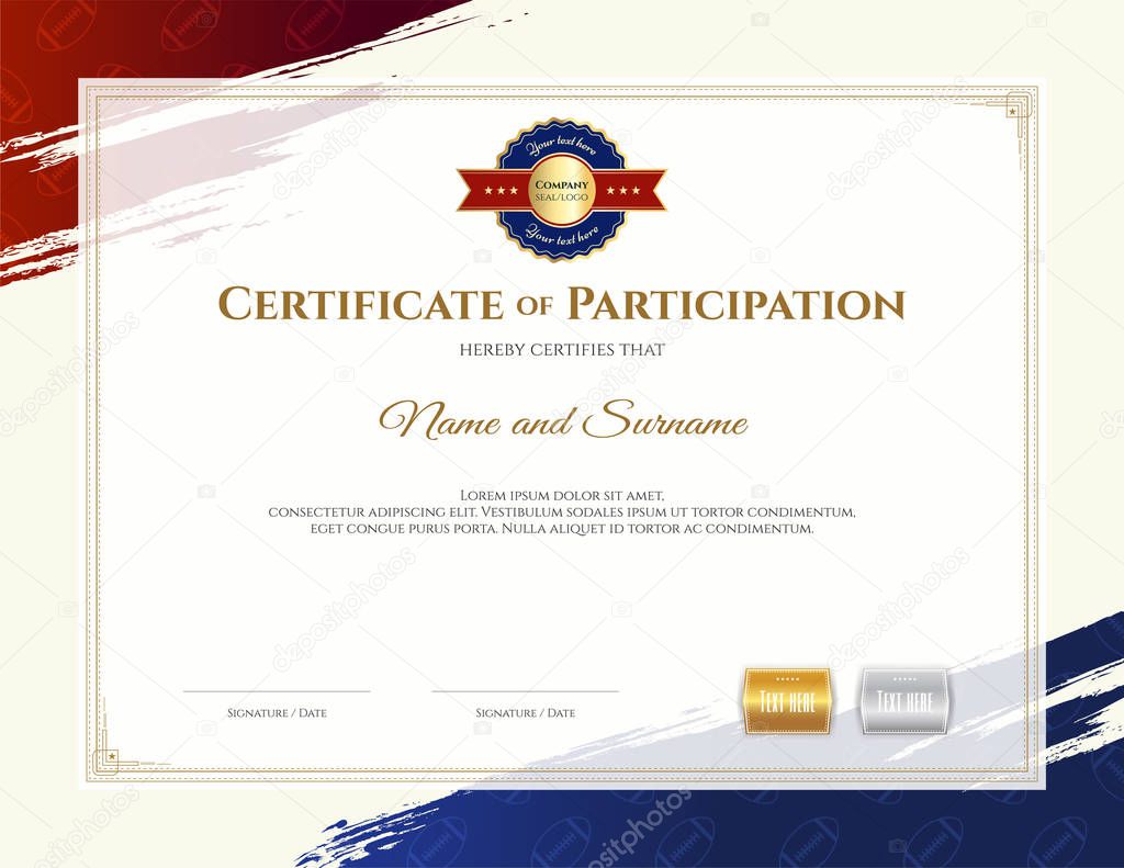 Certificate template in rugby sport theme with border frame, Diploma design