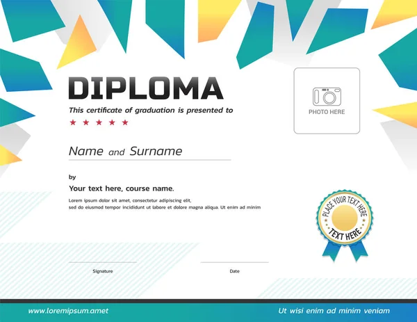 Kids Diploma Certificate Template Award Ribbon Photo Frame — Stock Vector