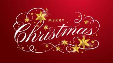 Neşeli Noel yazı şablonu. Altın yıldız, tipografik vintage illüstrasyon, kaligrafi mektup tebrik ya da hediye çeki kartıyla 