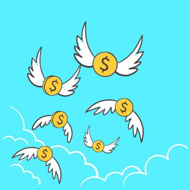 Gökyüzüne uçan kanatları olan dolar paralar. Para kaybetmek için aşırı harcama illüstrasyon fikri, iflas. Finansal illüstrasyon 