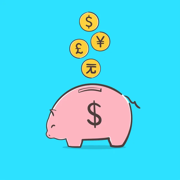 Piggy Bank icoon. Een concept idee voor spaar-of investeringsplan met internationale valuta die in de spaarbank valt. Financiële illustratie — Stockvector