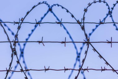 Mavi gökyüzünün arka planındaki dikenli tel silueti.