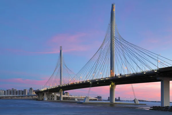 Ponte Estrada Estrada Círculo Sobre Rio Neva Perto Foz Dele — Fotografia de Stock