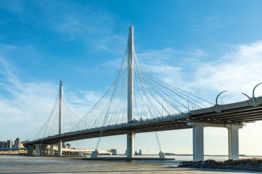 Neva Nehri ağzına net gün içinde daire Otoban yol Köprüsü. Kış manzara nehir bulutlu gökyüzü ve buz ve kar ile kaplı