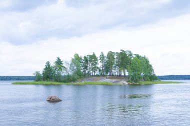 Yeşil kamışlarla çevrili çam yaprakları ve huş ağaçlarıyla çevrili ada ya da ada ya da ada tek başına granit taş ya da deniz ya da okyanus körfezi suları arasında kayadır. Kuzey manzarası, manzara ya da parlak renkler bulutlu yaz ya da sonbahar havasında
